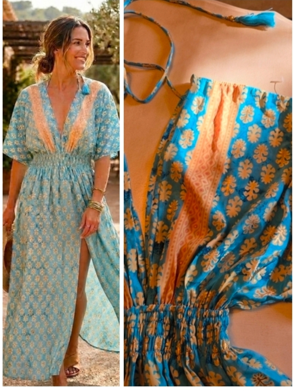 Melé Beach Barcelona Blue & Gold Floral Boho Maxi Dress -One Size (OS) XS-S -M